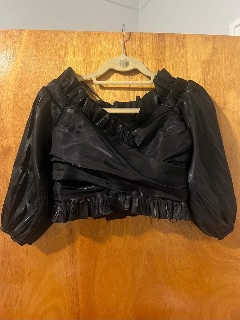 Off Shoulder Black Puff-Sleeve Ruffle Crop Top